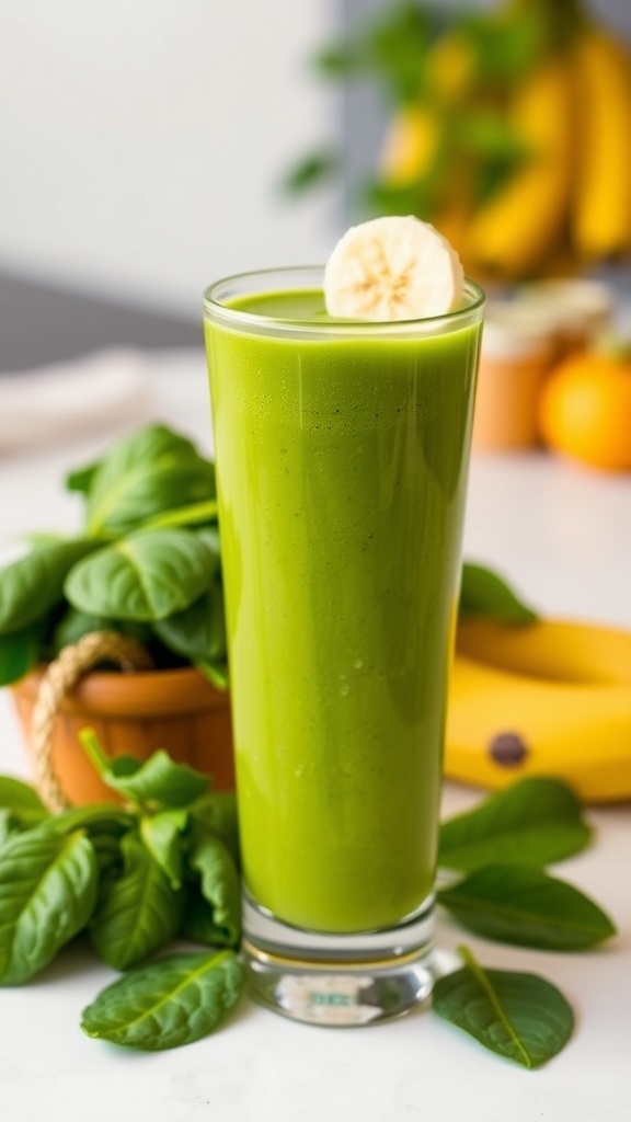 A refreshing spinach banana smoothie in a glass with banana slice garnish, on a kitchen counter.
